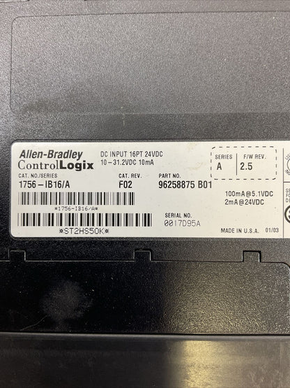ALLEN BRADLEY 1756-IB16 SER A CAT REV F02 F/W REV 2.5 DC INPUT 16PT 24VDC