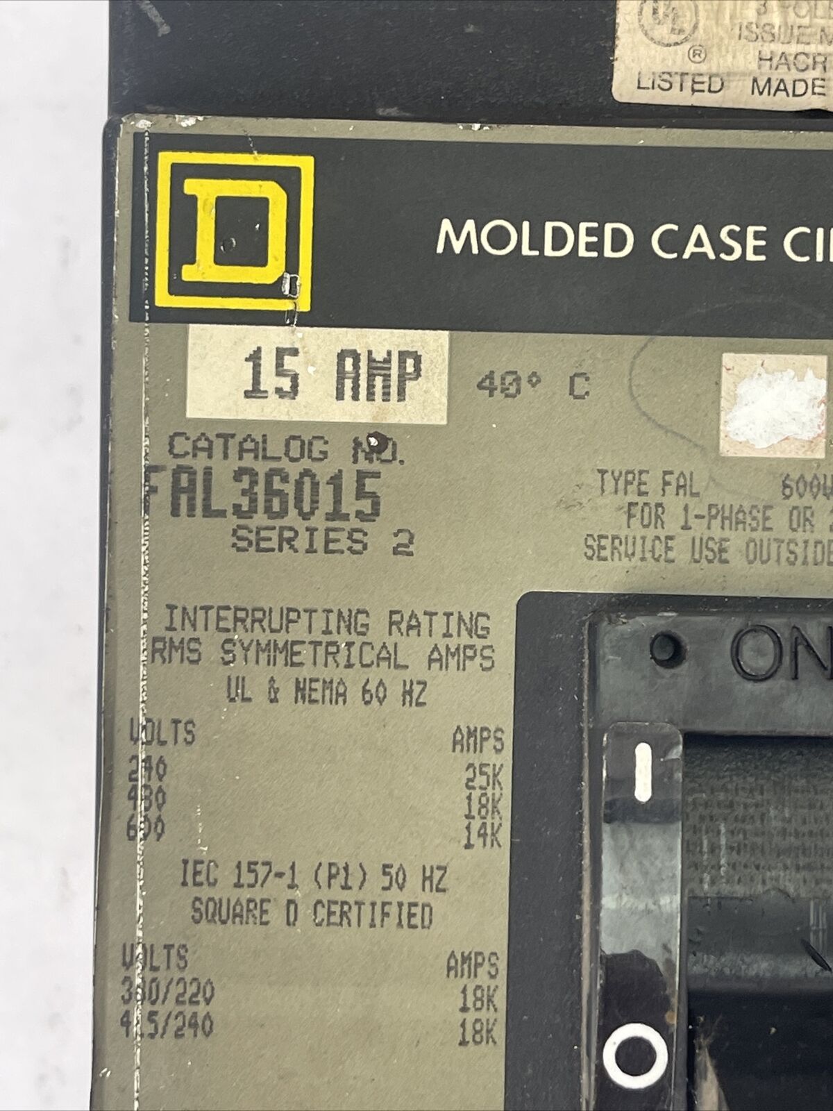 SQUARE D FAL36015 CIRCUIT BREAKER SERIES 2 600VAC 250VDC 15AMP 3POLE