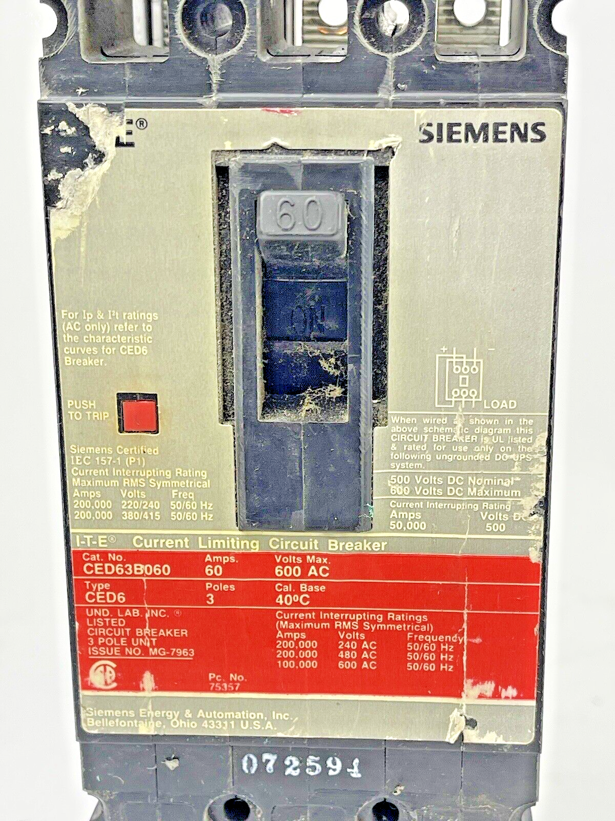 ITE - SIEMENS - CED63B060 - CIRCUIT BREAKER - 60 A, 600 VAC, 3 POLE, TYPE CED6