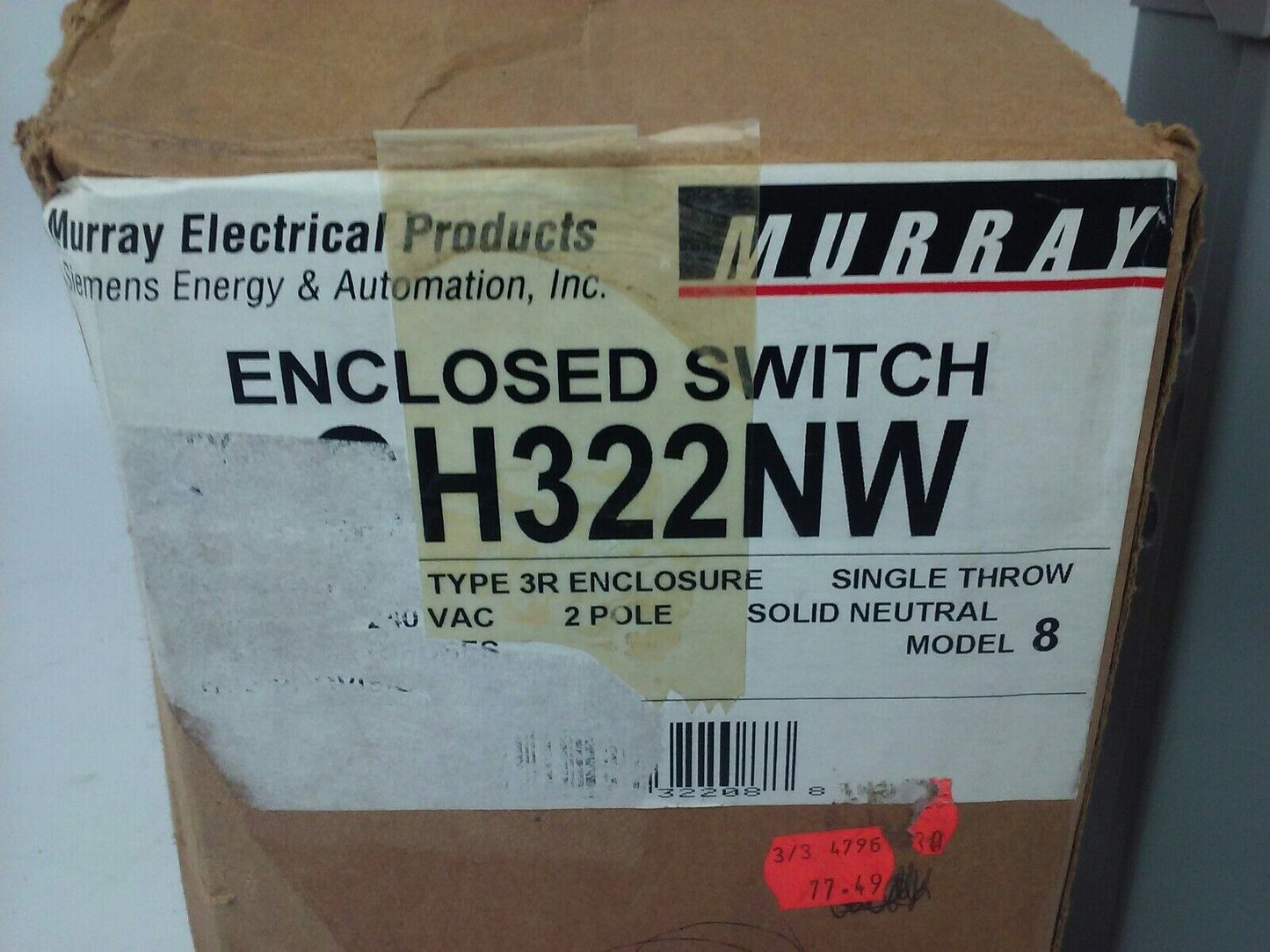 MURRAY GH322NW FUSIBLE SAFETY SWITCH SINGLE THROW 2P, 60A, 240V, 10HP, TYPE 3R