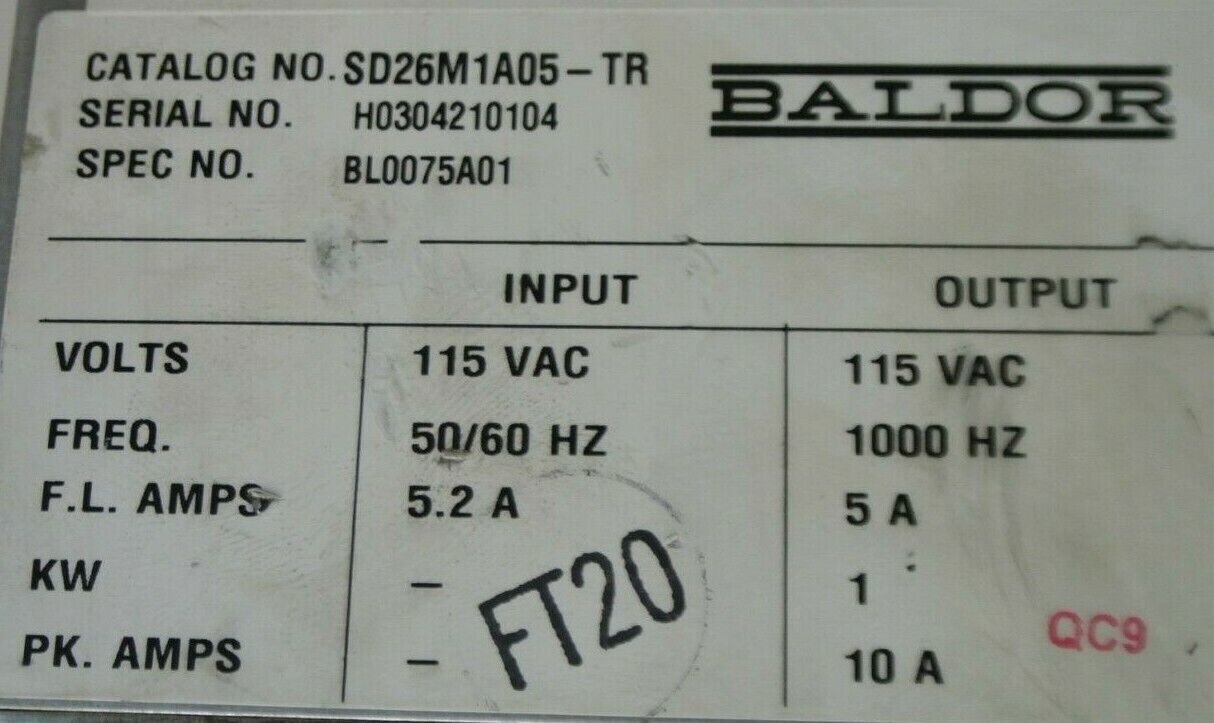 BALDOR SD26M1A05-TR AC SERVO DRIVE / 115V, 50/60Hz INPUT / 115VAC, 1000Hz OUTPUT