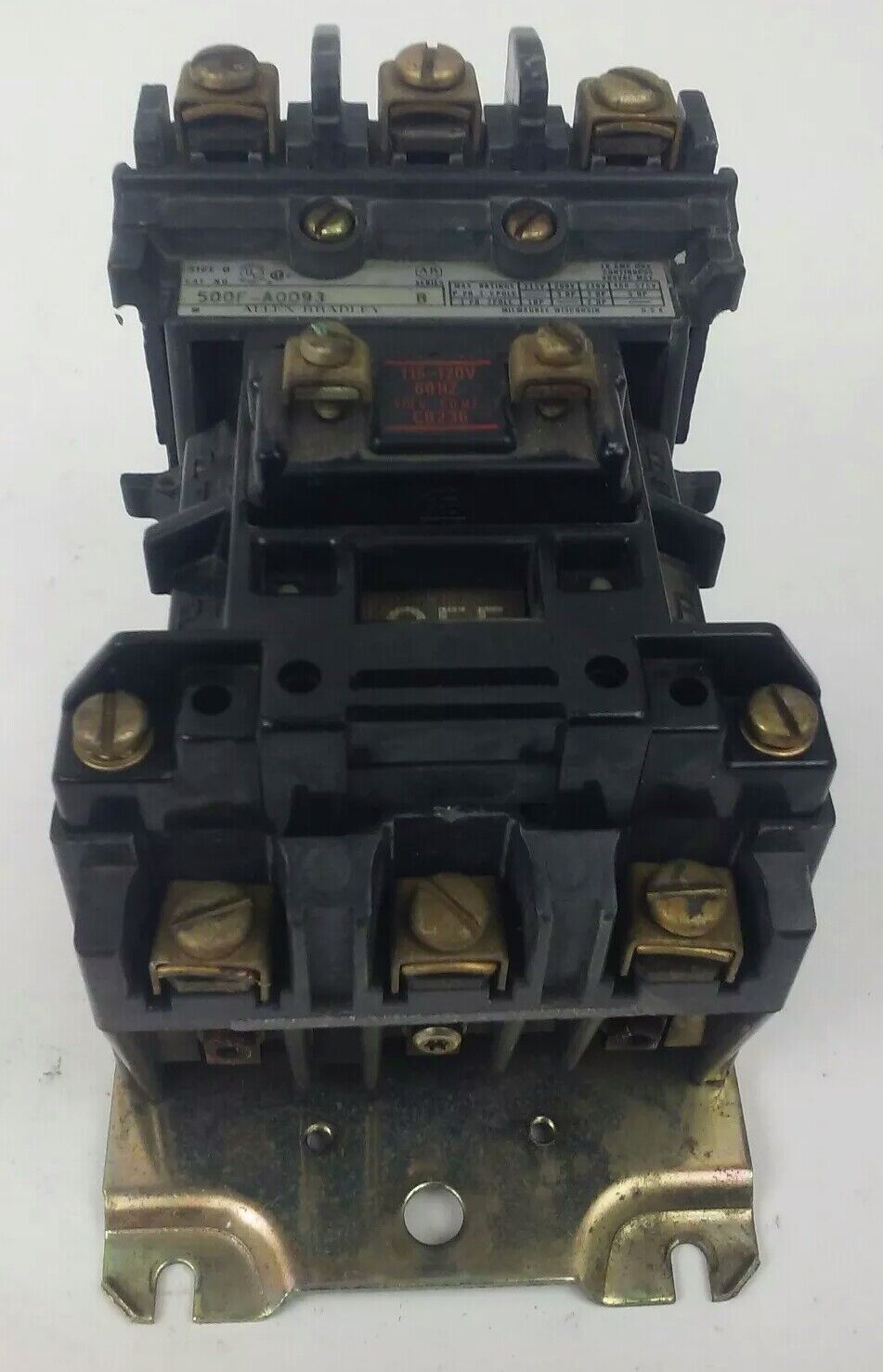 ALLEN BRADLEY 500FL-AOD93 SER.B STARTER, 18A,600V,120V COIL, 5HP, CONTACTS GREAT