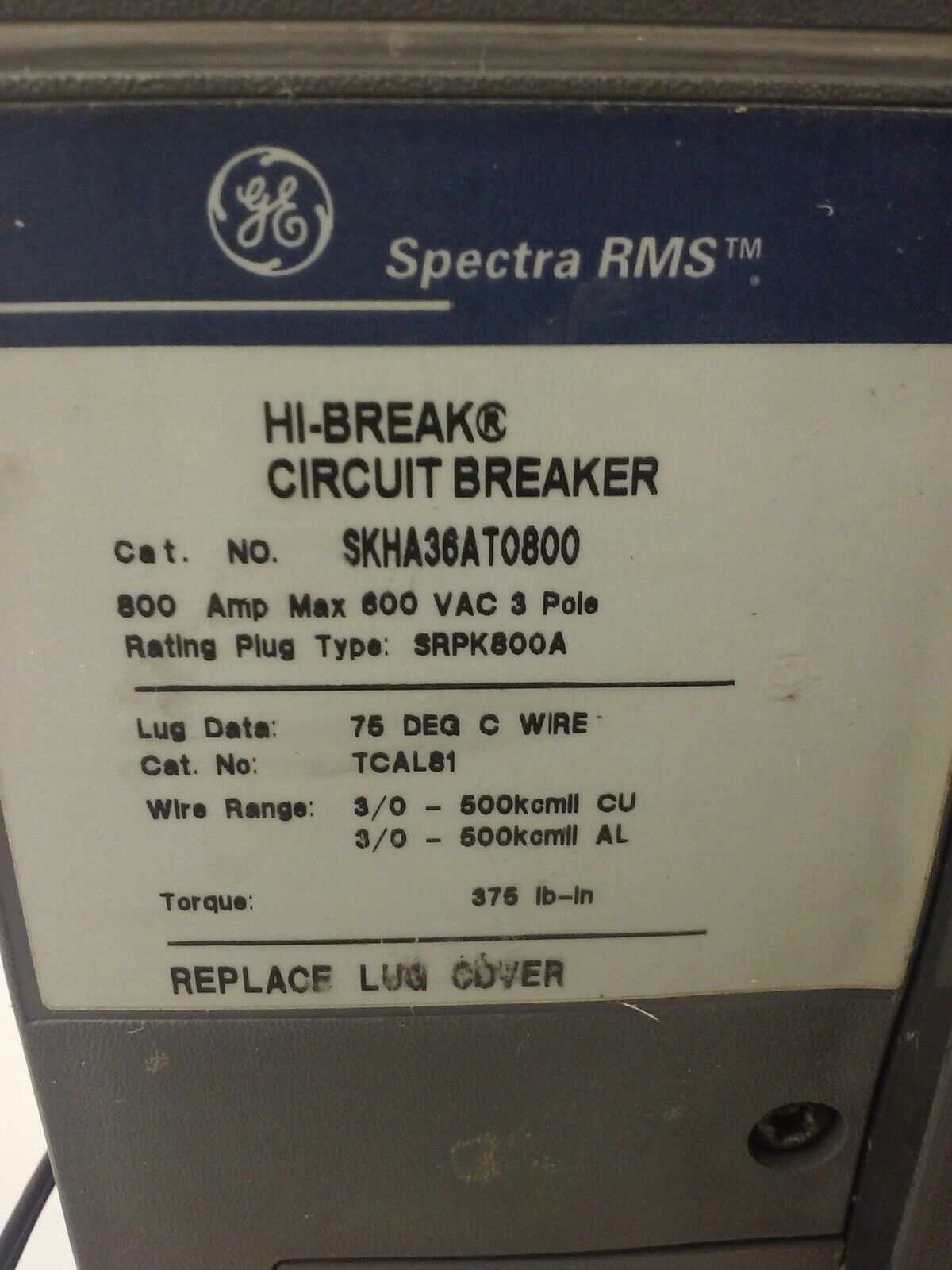 GE SKHA36AT0800 W/ SHUNT TRIP,  RMS, 3P, 800A, 600V, 800A PLUG, SAST1, 65KA,USED