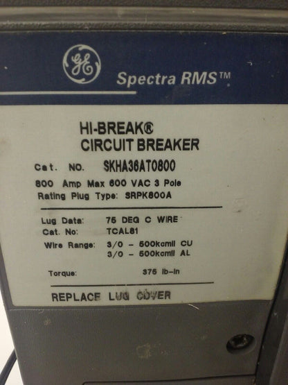 GE SKHA36AT0800 W/ SHUNT TRIP,  RMS, 3P, 800A, 600V, 800A PLUG, SAST1, 65KA,USED