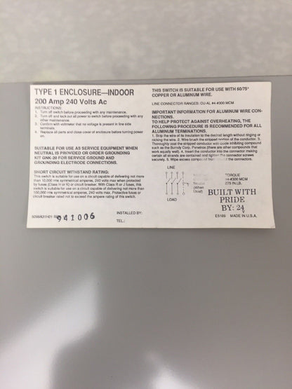 CHALLENGER GD324NFC 200 AMP 240 VAC 3 POLES TYPE 1 NON FUSIBLE GENERAL DUTY