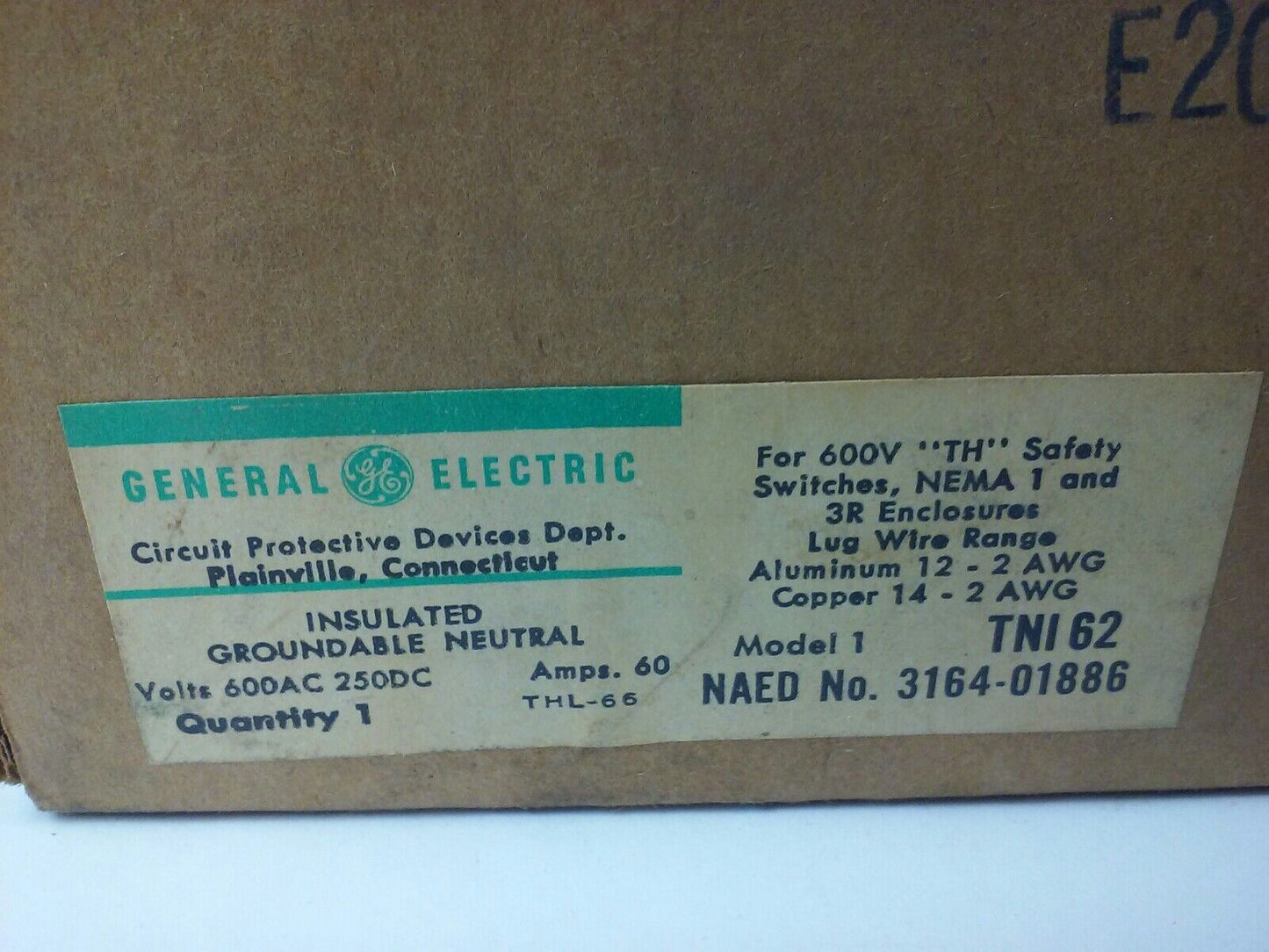 GE TNI62 MOD.1 INSULATED GROUNDABLE NEUTRAL 600V, 60A, NEMA 1& 3R (LOT OF 2)