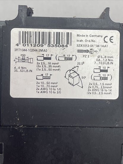 SIEMENS 3RT1044-1QB44-3MA0 CONTACTOR 600VAC 90AMP 60HP 3PH COIL 24VDC 3RT1926-