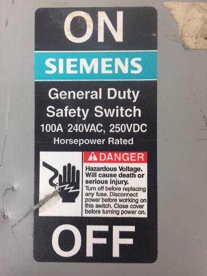 SIEMENS GF323N GENERAL DUTY SAFETY SWITCH 100A 240VAC 250VDC W/ 3 BULLET ECNR100