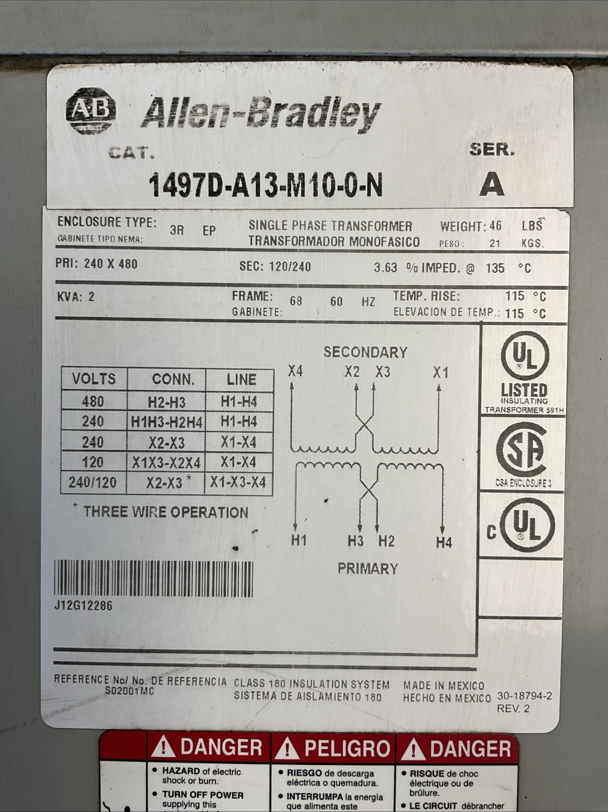 ALLEN-BRADLEY 1497D-A13-M10-0-N SER A SINGLE PHASE TRANSFORMER TYPE 3R 2KVA PRI