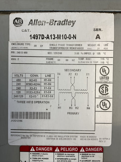 ALLEN-BRADLEY 1497D-A13-M10-0-N SER A SINGLE PHASE TRANSFORMER TYPE 3R 2KVA PRI