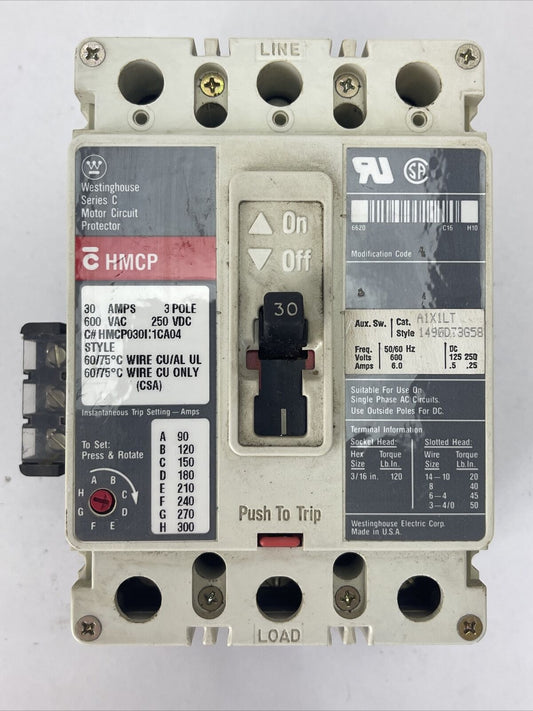 WESTINGHOUSE HMCP030I:1CA04 30AMP 3POLE 600VAC 250VDC AUX. SW. A1X1LT 1490D73G58