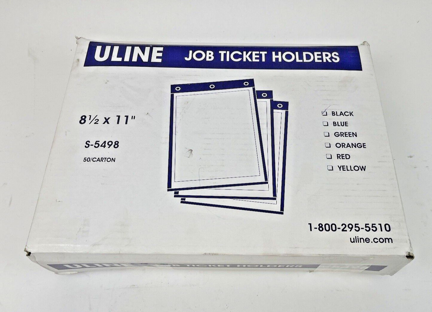 ULINE - S-5498 -JOB TICKET HOLDERS-50 CT- BLACK/HEAVY DUTY VINYL/3 EYELET/8.5X11