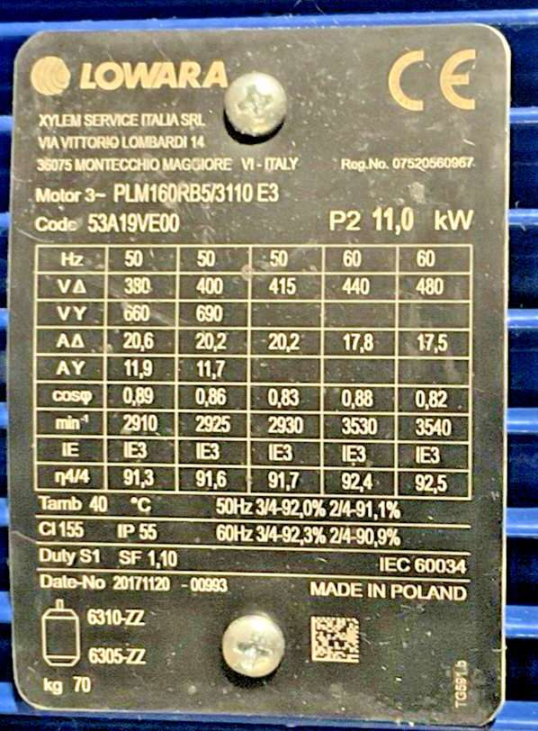 LOWARA SV330405S110T/D VERTICAL PUMP PLM160RB5/3110 E3 N2900 1/MIN