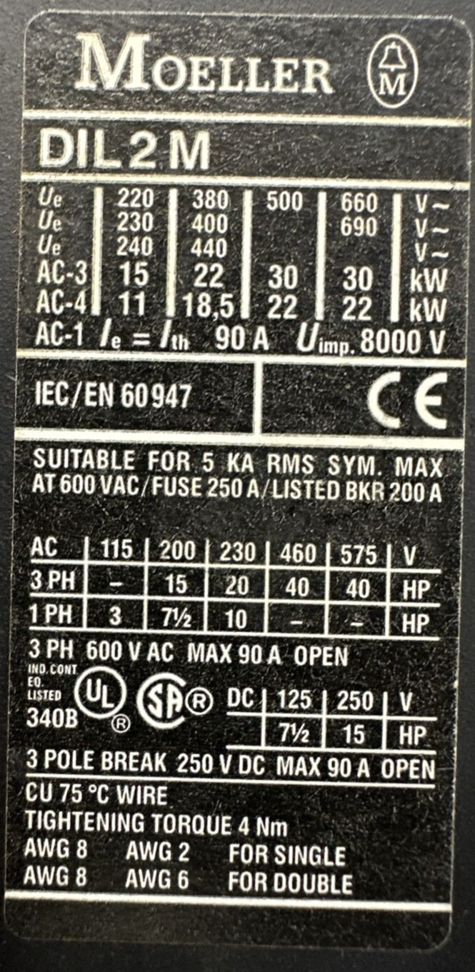 MOELLER DIL 2M CONTACTOR 600VAC 90A COIL 240V 60HZ 22 DIL AUXILIARY CONTACT