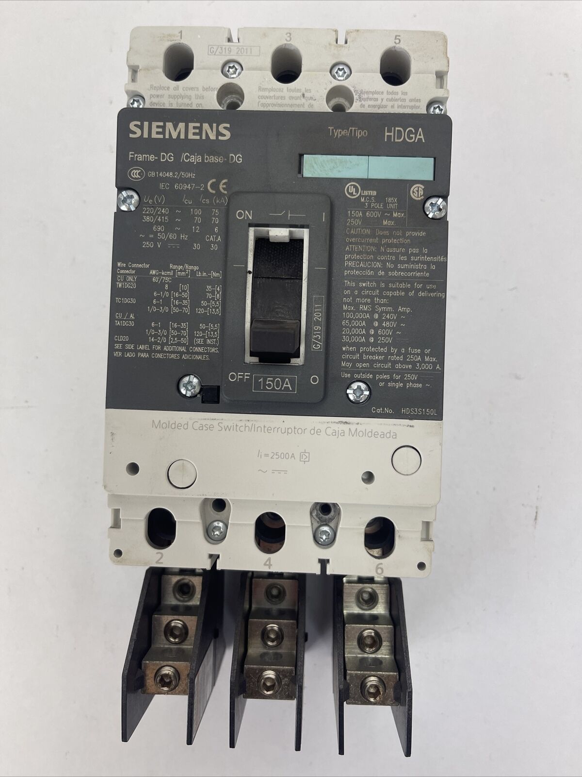 SIEMENS HDS3S150L CIRCUIT BREAKER 150AMP 600VAC 250VDC 3VL2115-3RR30-0AA0