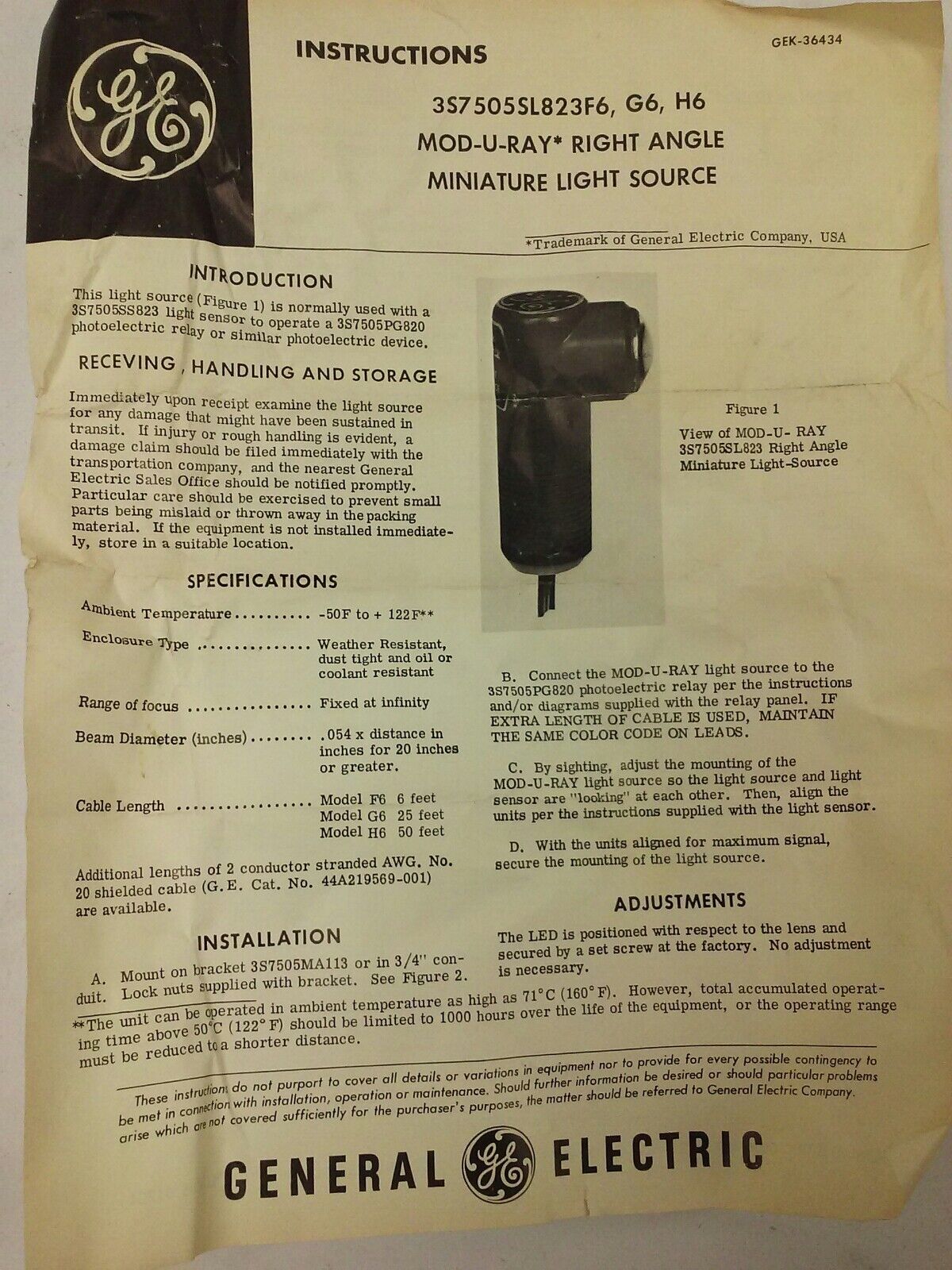 GENERAL ELECTRIC 3S7505SL823H6, 3S7505SL823, MOD-U-RAY, RIGHT ANGLE LIGHT SOURCE