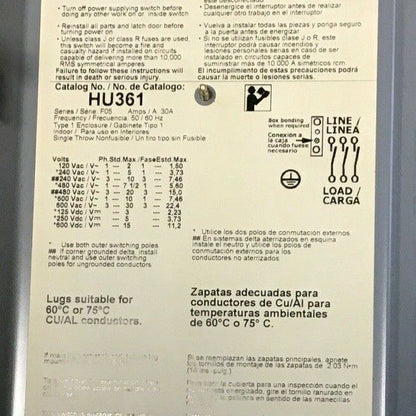 SQUARE D HU361 SAFETY SWITCH SER.F05 30A  TYPE1 ENCLOSURE NON FUSIBLE 600VAC/VDC