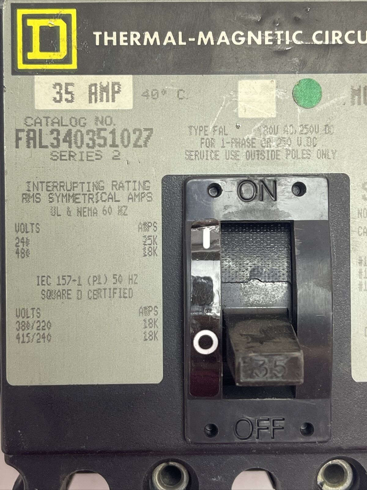 SQUARE D FAL340351027 THERMAL-MAG CIRCUIT BREAKER 35AMP 480VAC 250VDC 3P SER 2