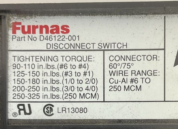 FURNAS D46122-001 DISCONNECT SWITCH 200AMP LPS-RK-150SP 150A 600VAC 300VDC FUSE