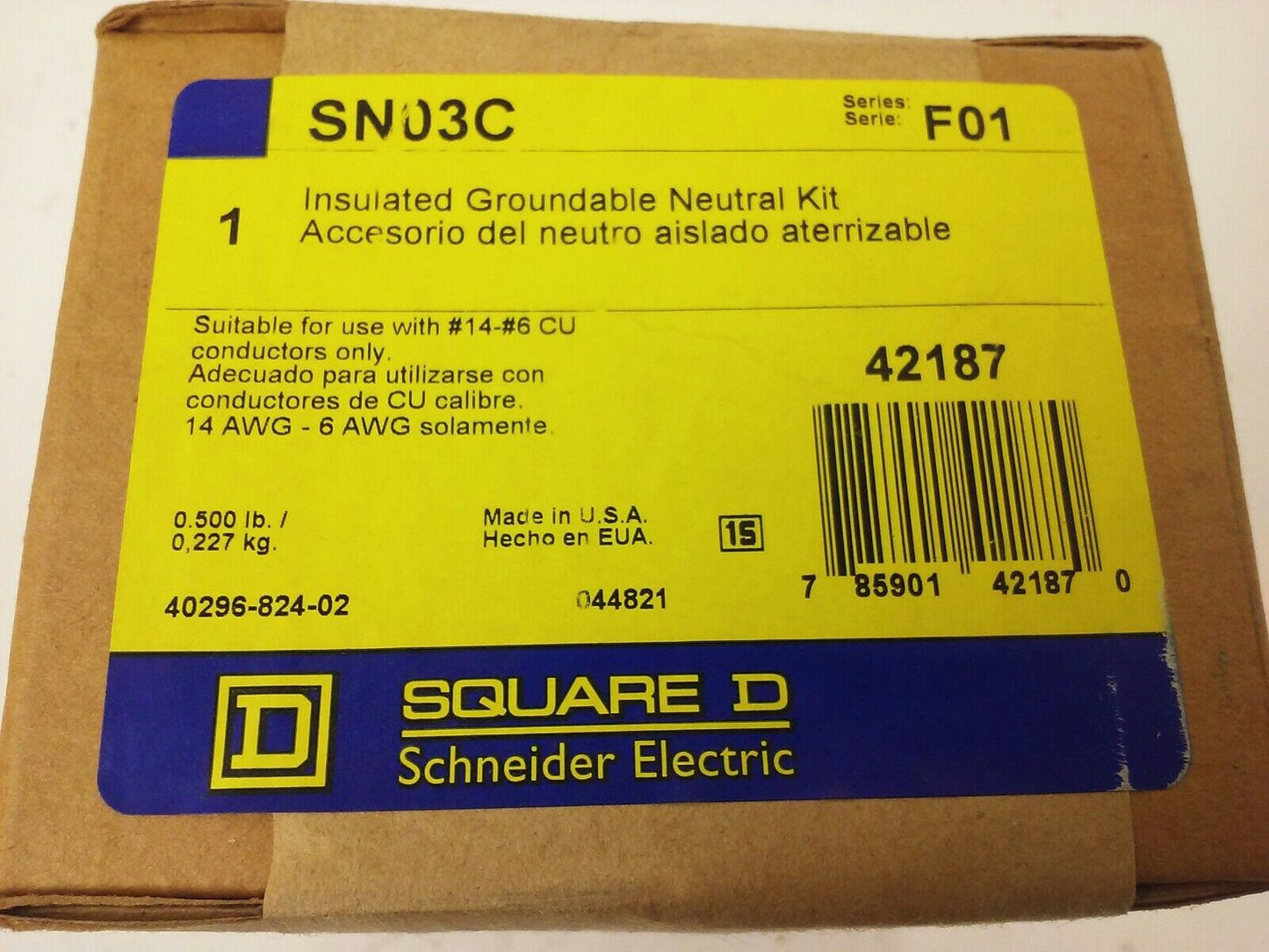 SQUARE DSN03C, SERIES F01, INSULATED GROUNDABLE NEUTRAL KIT, SN0, FACTORY SEALED