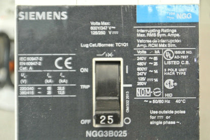 SIEMENS NGG3B025 CIRCUIT BREAKER / 25A / 600Y/347V / 125/250V / 3-POLE