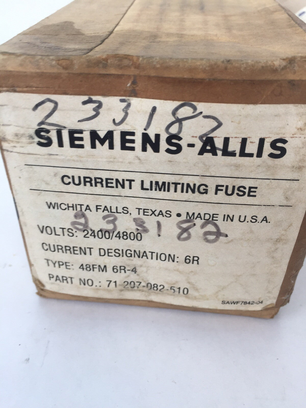 SIEMENS-ALLIS 48FM6R-4 CURRENT LIMITING FUSE 2400/4800V CURRENT DESIGNATION: 6R