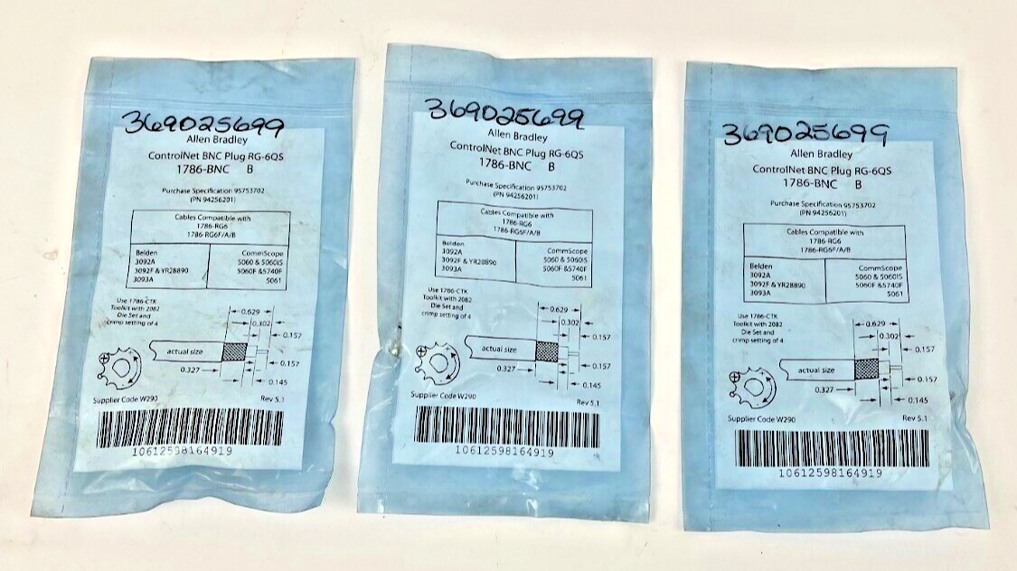LOT OF 3 - ALLEN BRADLEY - 1786-BNC B - CONTROLNET BNC PLUG RG-6QS