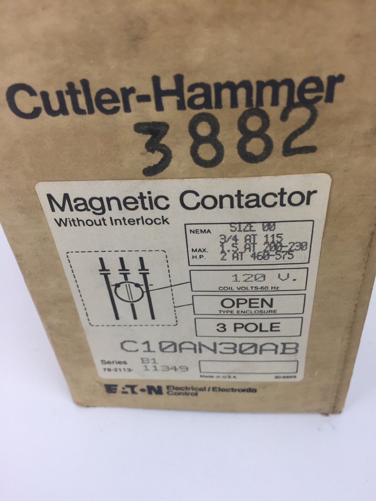 CUTLER HAMMER C10AN30AB MAGNETIC CONTACTOR W/O INTERLOCK COIL 120V 60HZ