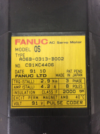 FANUC A06B-0313-B002 AC SERVO DRIVE 4.2A 3 PHASE 8 POLES 2000 RPM 91V