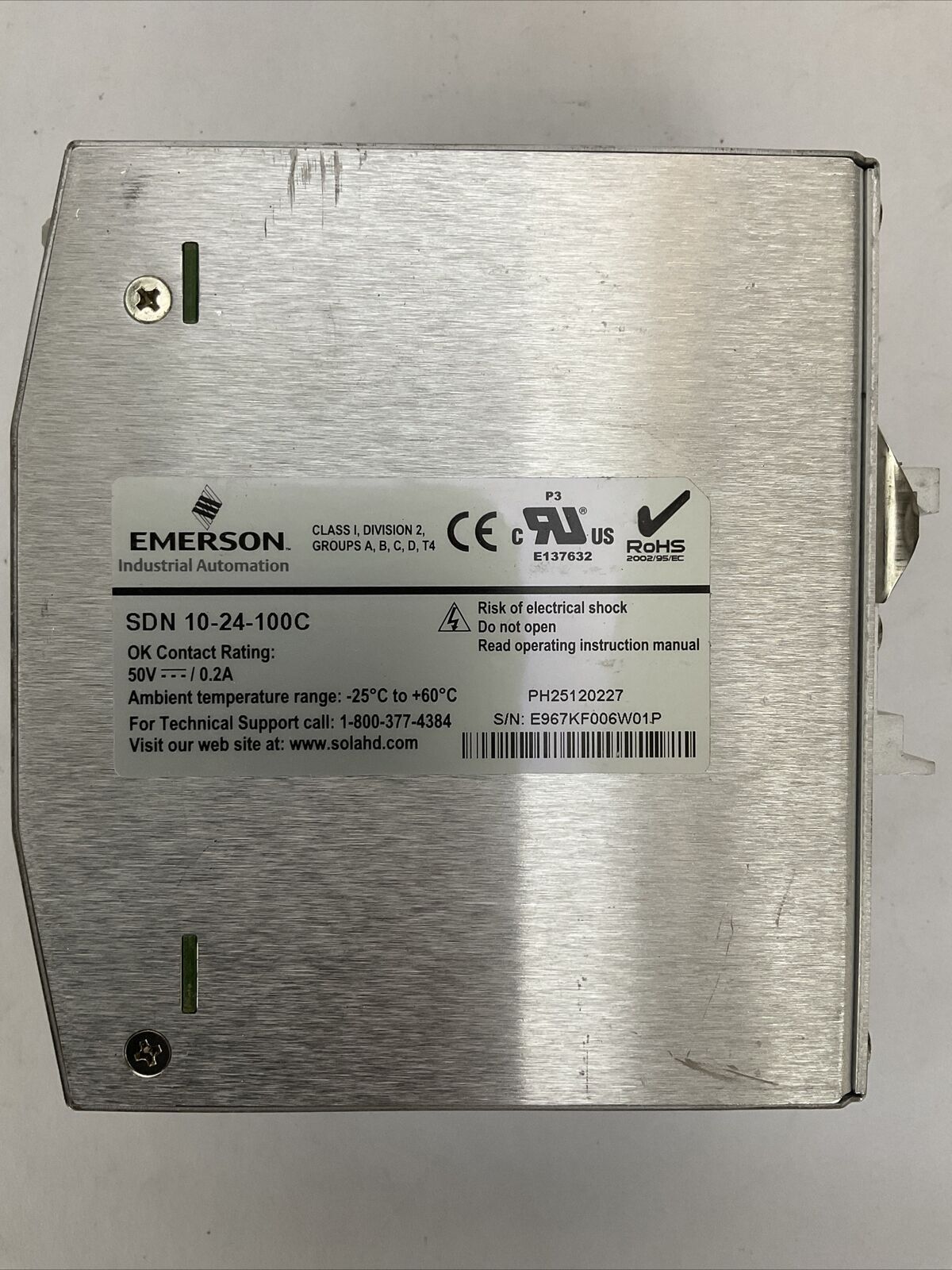 EMERSON SOLA SDN 10-24-100C POWER SUPPLY OUPUT 24VDC 10A INPUT 100-240VAC 3.5A