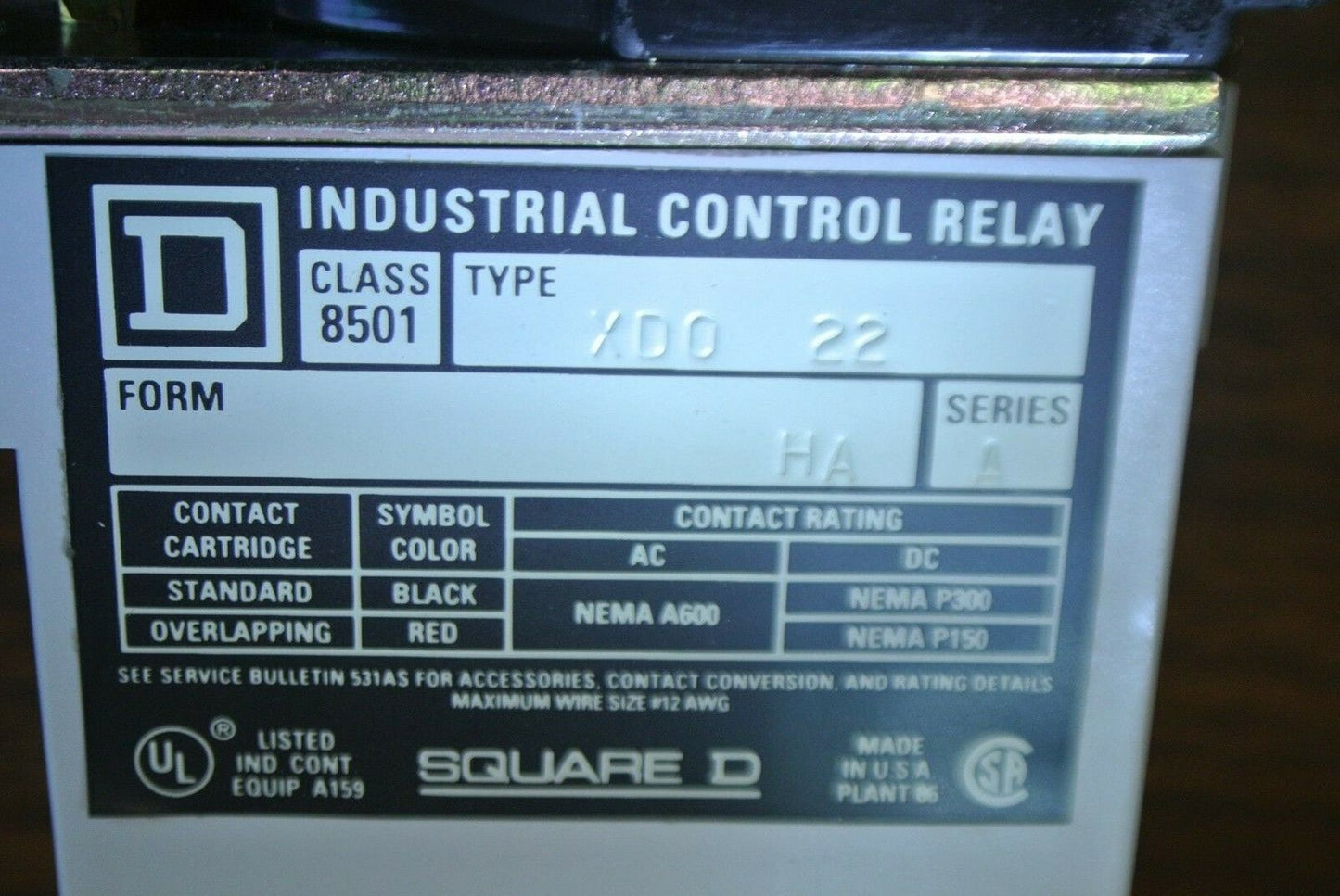 SQUARE D 8501 XDO22 INDUSTRIAL CONTROL RELAY / FORM HA / Ser. A / NEW SURPLUS