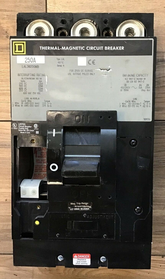 SQUARE D LAL36250MB CIRCUIT BREAKER 250A 600VAC 250VDC SERIES 4 W/O TRIPS