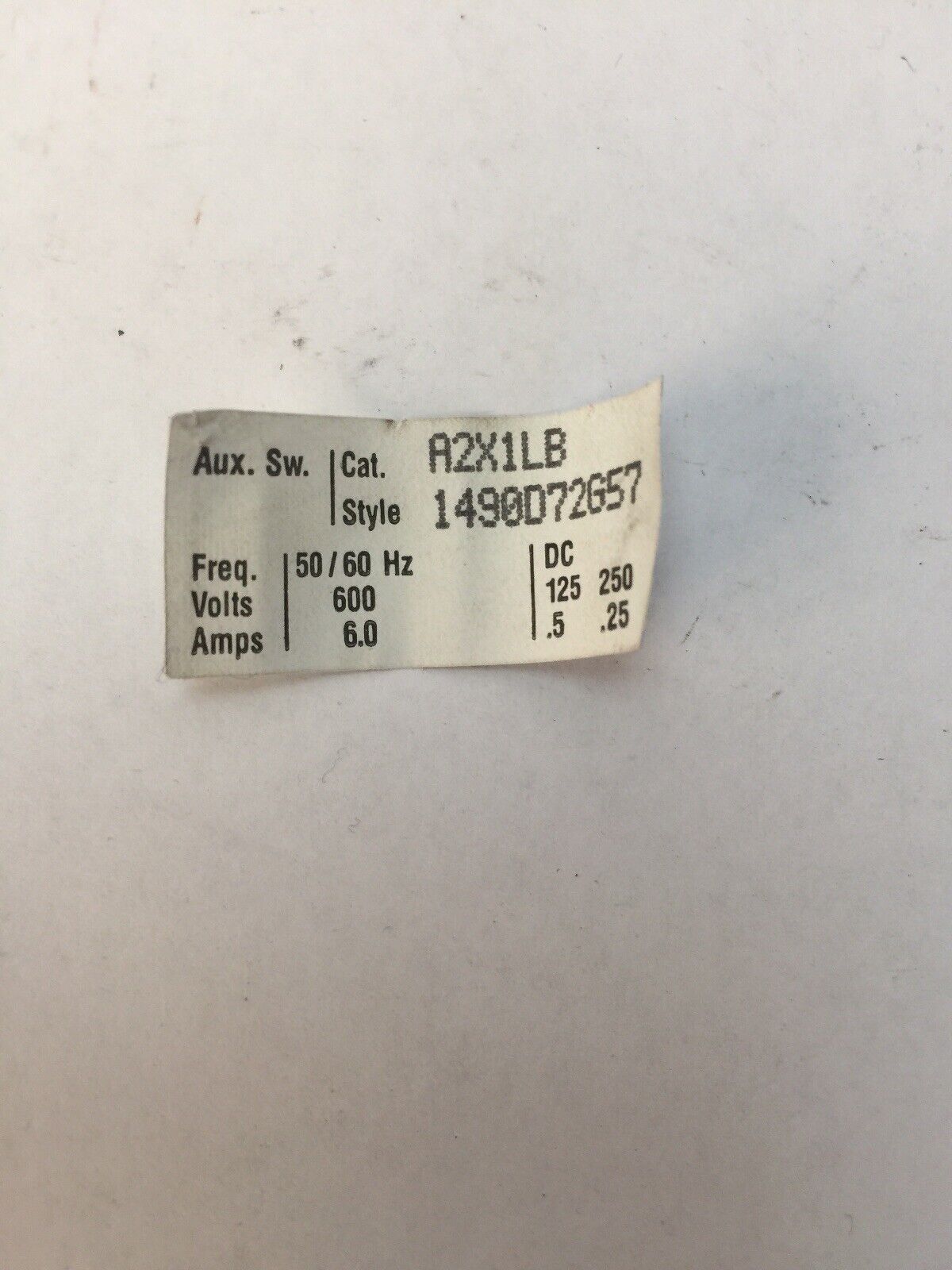WESTINGHOUSE/CUTLER HAMMER A2X1LB AUXILIARY SWITCH 125/250VDC .5/.25A 600VAC 6A