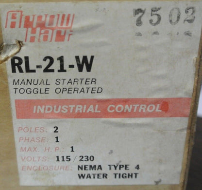 ARROW HART RL-21-W MANUAL STARTER, TOGGLE OPERATED - NEMA 4 WATER-TIGHT 115/230V