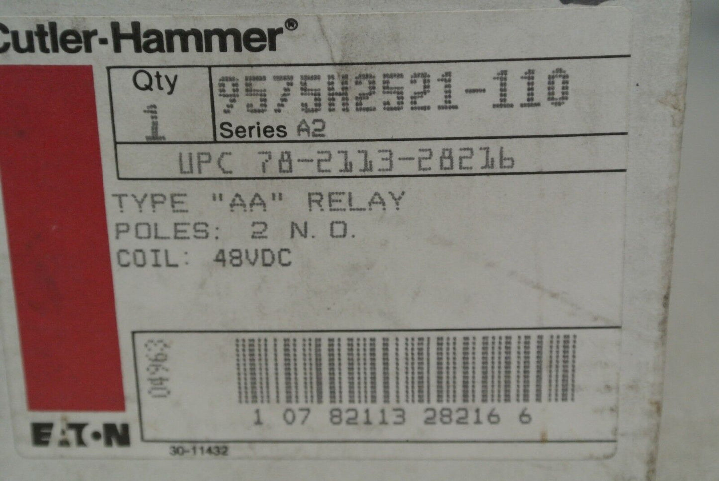 CUTLER-HAMMER 9575H2521-110 TYPE AA RELAY 48VDC 2 N.O. / 9675H2521A NEW SURPLUS