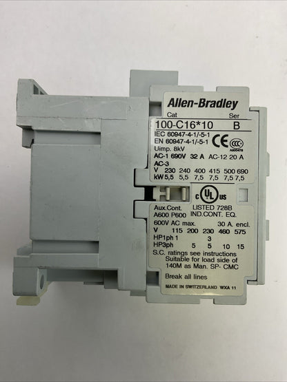ALLEN BRADLEY 100-C16*10 SER B CONTACTOR  600VAC 30AMP 3PH 15HP COIL 120V 60HZ