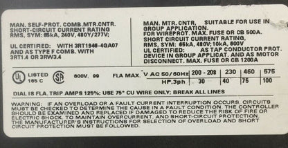 SIEMENS 3RV1041-4MA10 CIRCUIT BREAKER 100A 600VAC 3PH 100HP