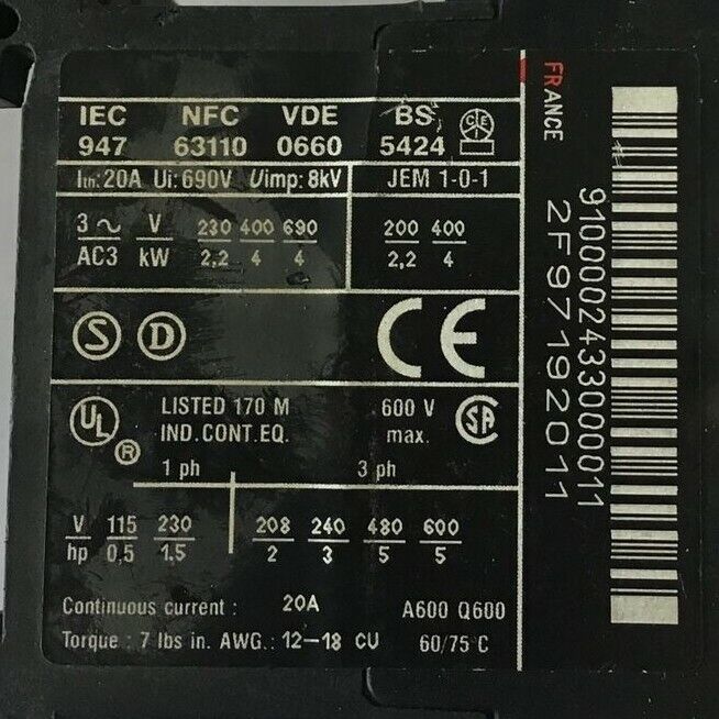 TELEMECANIQUE LP4K 0910 CONTACTOR 600VAC 20A 5HP ***LOTO4***