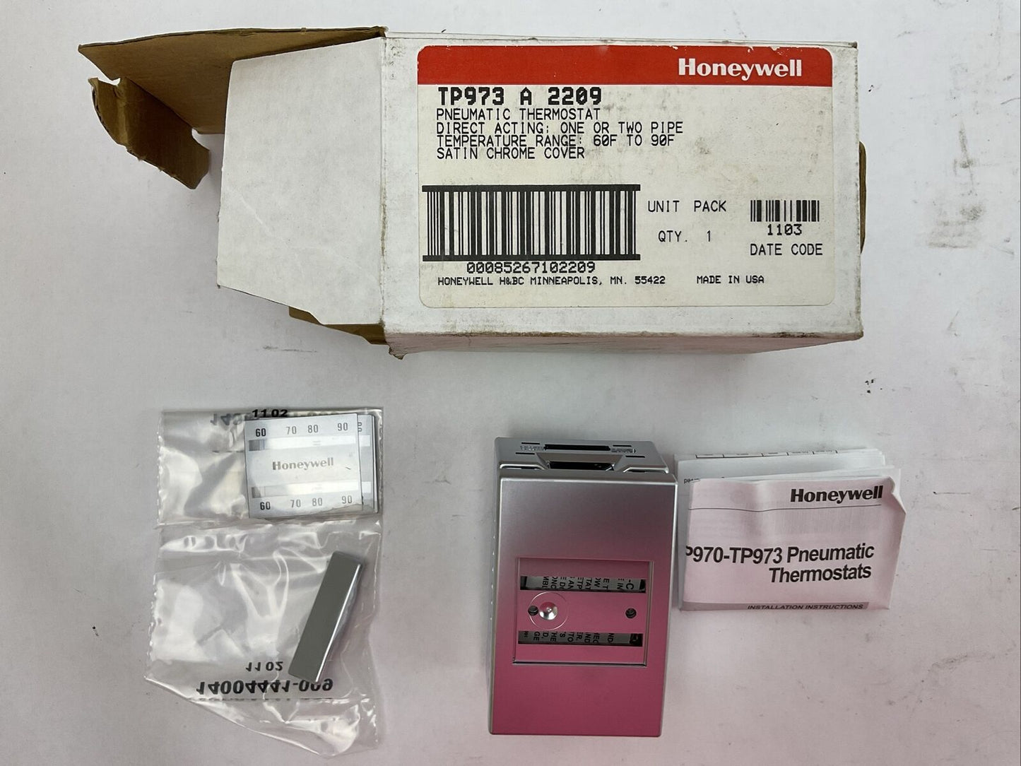 HONEYWELL TP973 A 2209 PNEUMATIC THERMOSTAT TEMPERATURE RANGE 60F TO 90F
