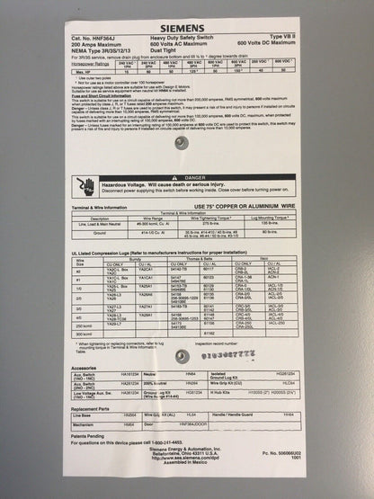 SIEMENS HNF364J NON-FUSIBLE SAFETY SWITCH 200A 600V TYPE VB II 150HP NEMA TYPE