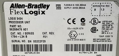 ALLEN BRADLEY 1794-L34 SER B CAT REV F01 F/W REV 1.3 LOGIX 5434 PROCESSOR UNIT