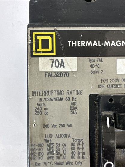SQUARE D FAL32070 SERIES 2 CIRCUIT BREAKER 70AMP 240VAC 250VDC 3POLE THERMAL-