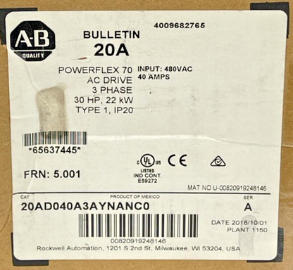 ALLEN BRADLEY - 20AD040A3AYNANC0 - SERIES A -POWERFLEX 70 AC Drive -3 PHASE 40AM