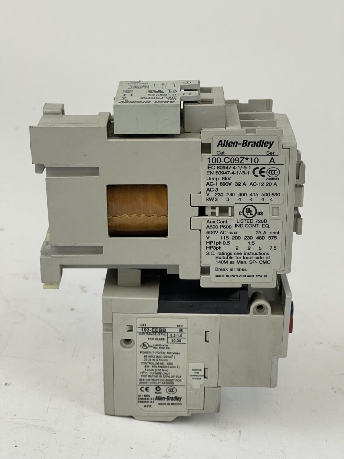 ALLEN BRADLEY - 193-EEBB SER. B RELAY & 100-C09Z*10 SER. A 25VDC & 100-FSD250 A