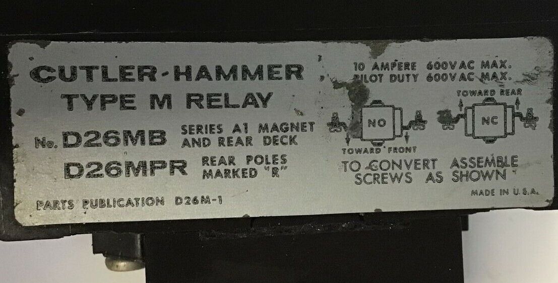 CUTLER HAMMER D26MT SER.A1 RELAY W/ D26MPR TYPE M RELAY