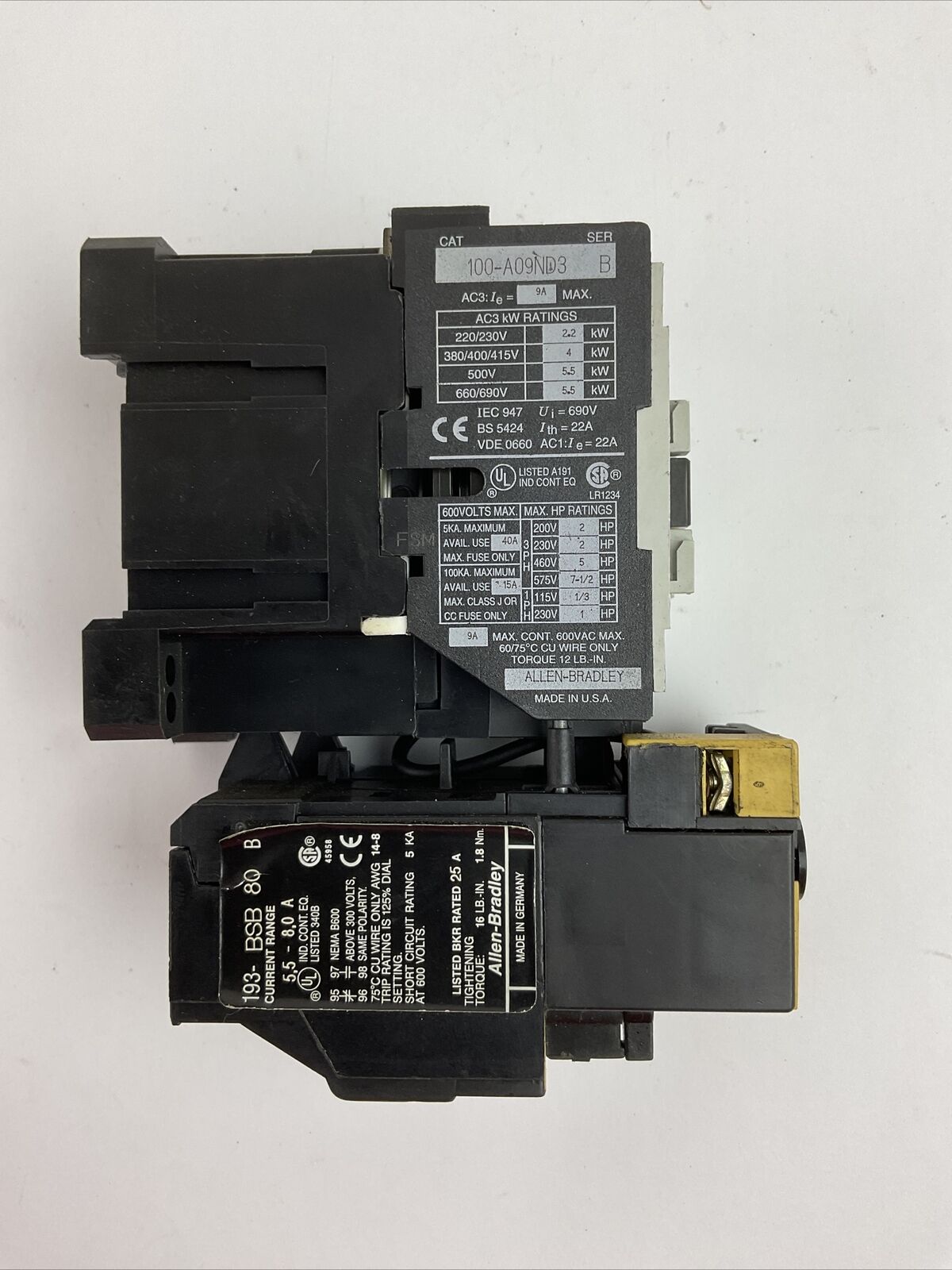 ALLEN BRADLEY 100-A09ND3 STARTER SER B 600VAC 7-1/2HP  COIL 120V 60HZ 193-BSB 80