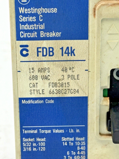 WESTINGHOUSE - FDB3015 - INDUSTRIAL CIRCUIT BREAKER - 3 POLE/ 15 A/ 600 VAC