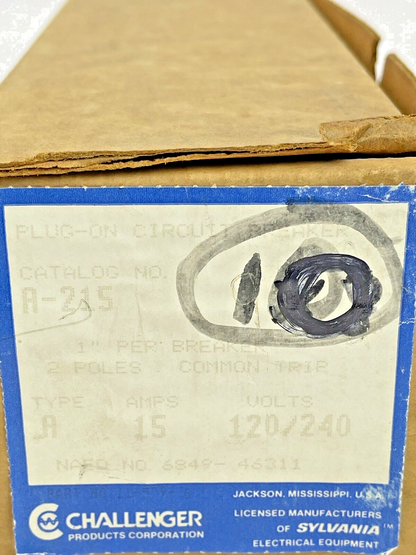 CHALLENGER *BOX OF 10*- A-215,2 POLE, 15 A, 240 VAC CIRCUIT BREAKER