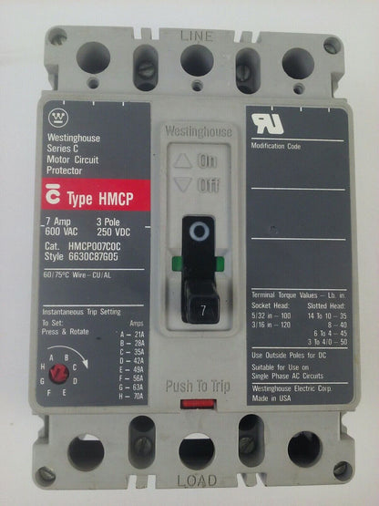 WESTINGHOUSE HMCP007COC SER.C MOTOR CIRCUIT PROTECTOR TRIP UNIT 7A 3P 600V