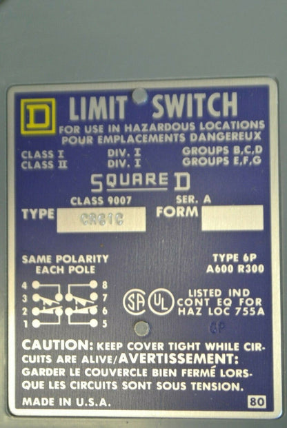 SQUARE D 9007 CR61C Ser. A / NEW TYPE C HEAVY DUTY LIMIT SWITCH / NEW SURPLUS